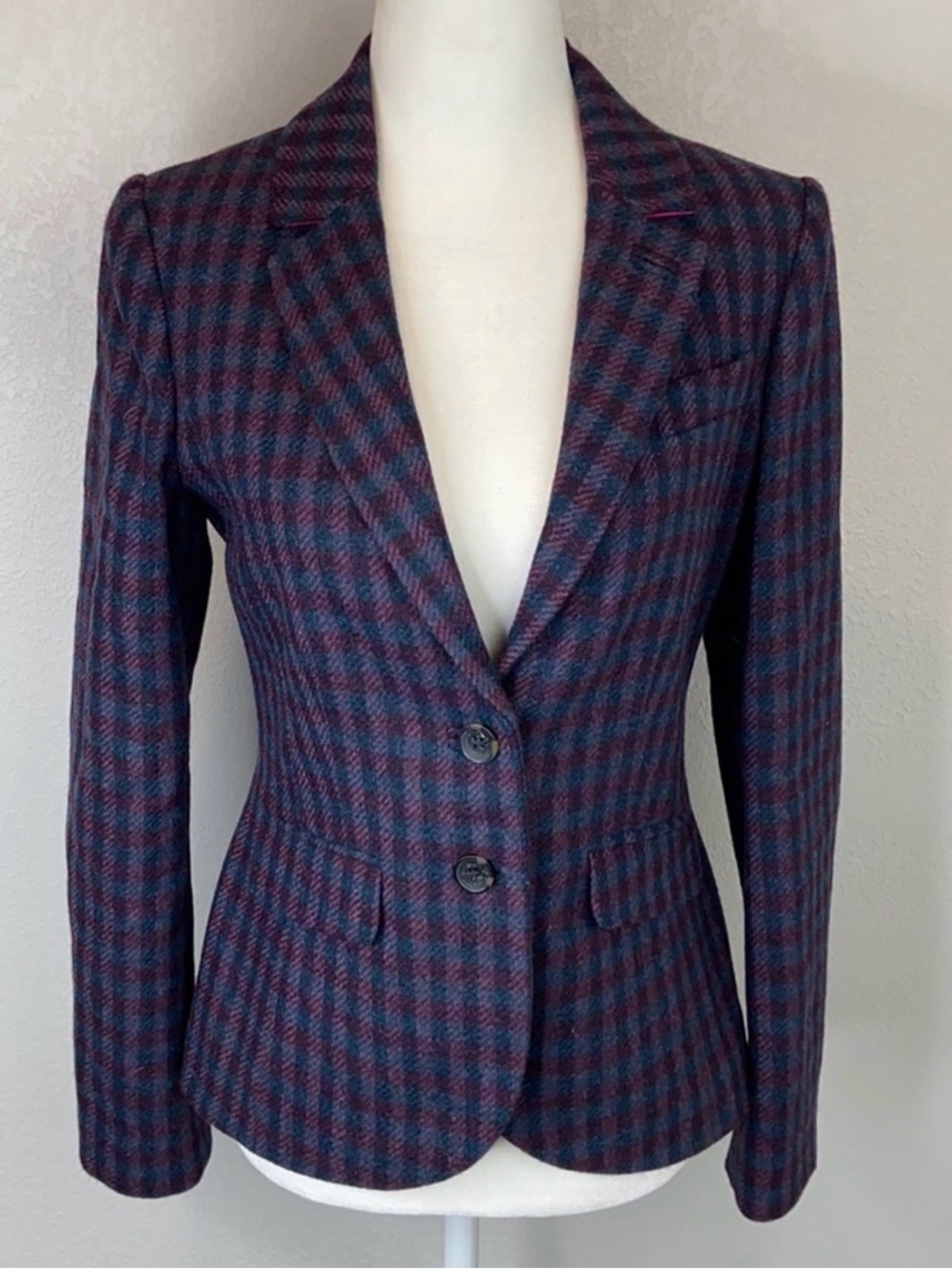 Boden Tailored Plaid Blazer - Navy & Burgundy